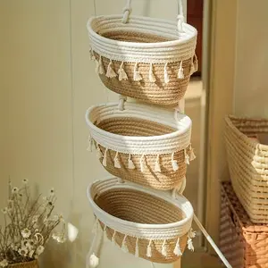 Three-Tier Hanging Basket Storage Bin, Wall-Mounted Organizer for Living Room, Hallway, Bathroom, Home Decor, Space-Saving Solution, Woven Storage Basket