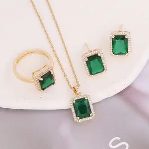 Cross-border New Style Copper Micro-paved Zircon Square Emerald Pendant, Elegant And Light Luxury Necklace Set