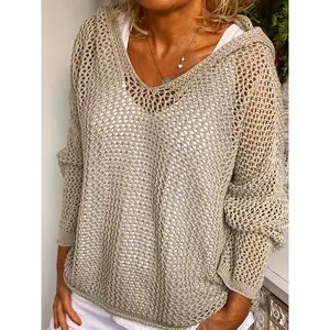 2025 European and American Style  Loose Hollow Knit Hooded Top Blouse Knitwear Womenswear Knitting Casual Fitted Long Sleeve fall sweaters