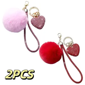 2pcs Cute Heart Keychains for Women, Bling Key Chain Accessories Girly Wristlet Keychain for Car Keys, Backpack Pom Pom
