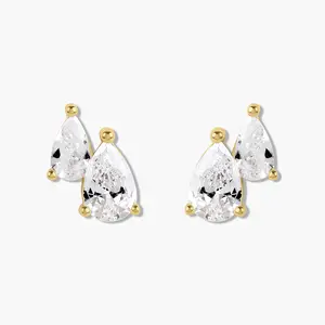 Swagy Chic Double Teardrop Stud Earrings, Sparkle Stone Tear Drop Fashion Costume Jewelry Accessory, Tear Drop Earring