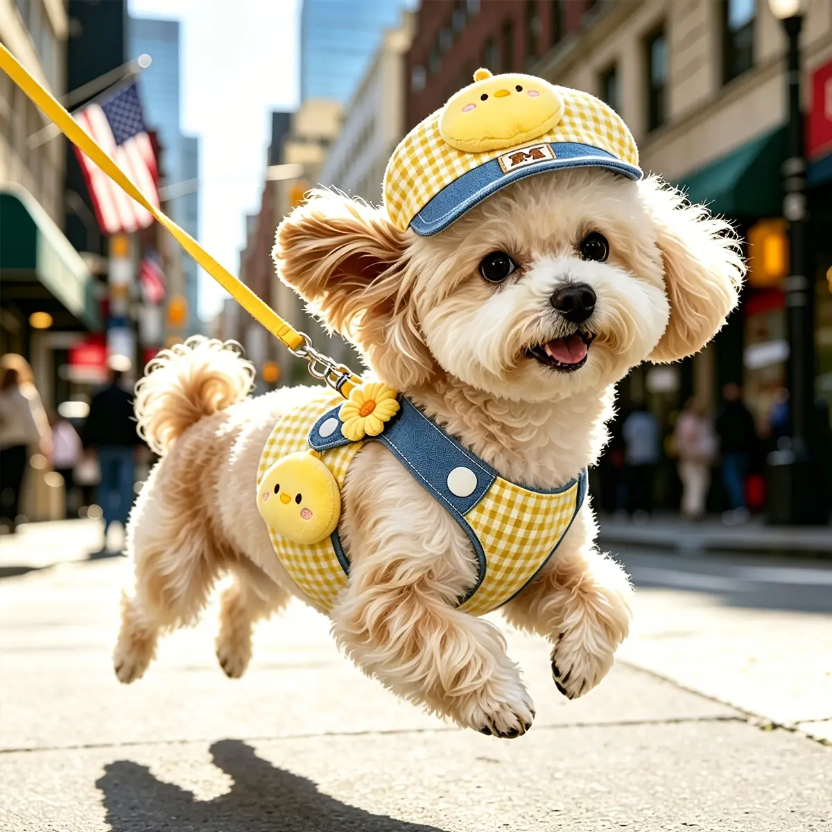 3-in-1 Dog Harness Leash & Sun Hat System with Anti-Pulling Chest Harness - Soft Adjustable Suitable for Small to Medium Dogs, Yellow Checkered Harness & Leash for Bichon Frise, Yorkie, Chihuahua, Machine Washable Outdoor Walking Gear security safe