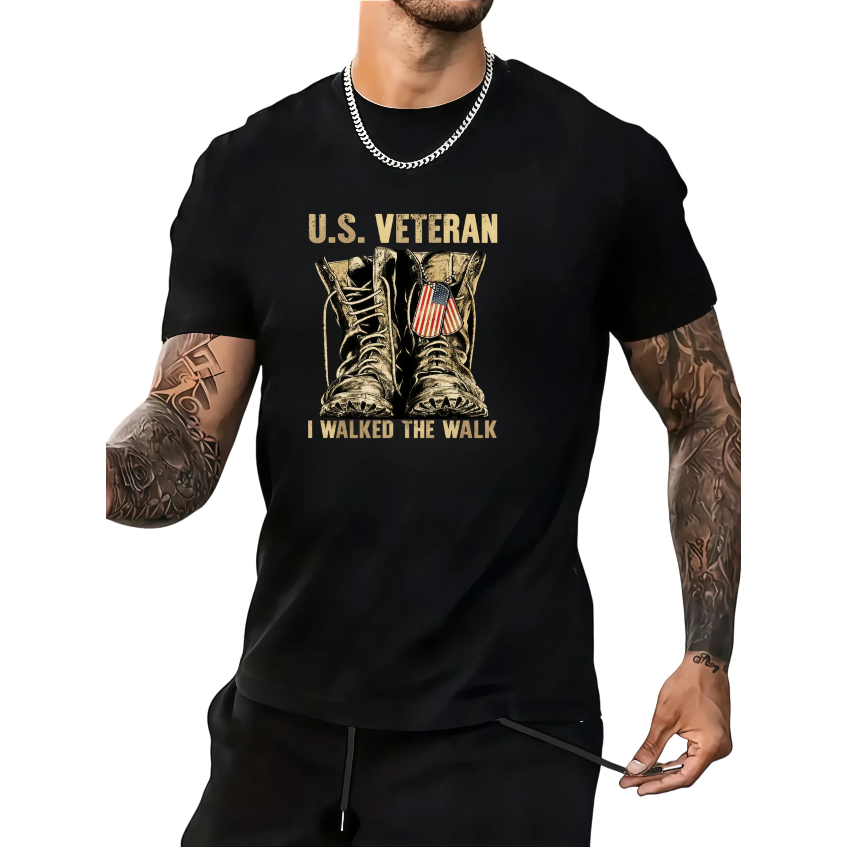 Men's US Military T-Shirt with U.S. Army Insignia & Combat Boots/Dog Tag Design - Short Sleeve Crew Neck Casual Tee Suitable for Veterans Day, Military Service Apparel, All-Season Comfort Fit for Veterans & Duty