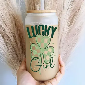 St. Patrick's Day Lucky Girl Checkered Shamrock 16oz Glass Can Cup with Lid and Straw,Reusable Glass Drinking Cup for Iced Coffee,Hot Chocolate,Stylish Fashionable Glassware,Perfect Gift for Lucky Girl Era Fans,St. Patrick's Day Enthusiasts&Coffee Lovers