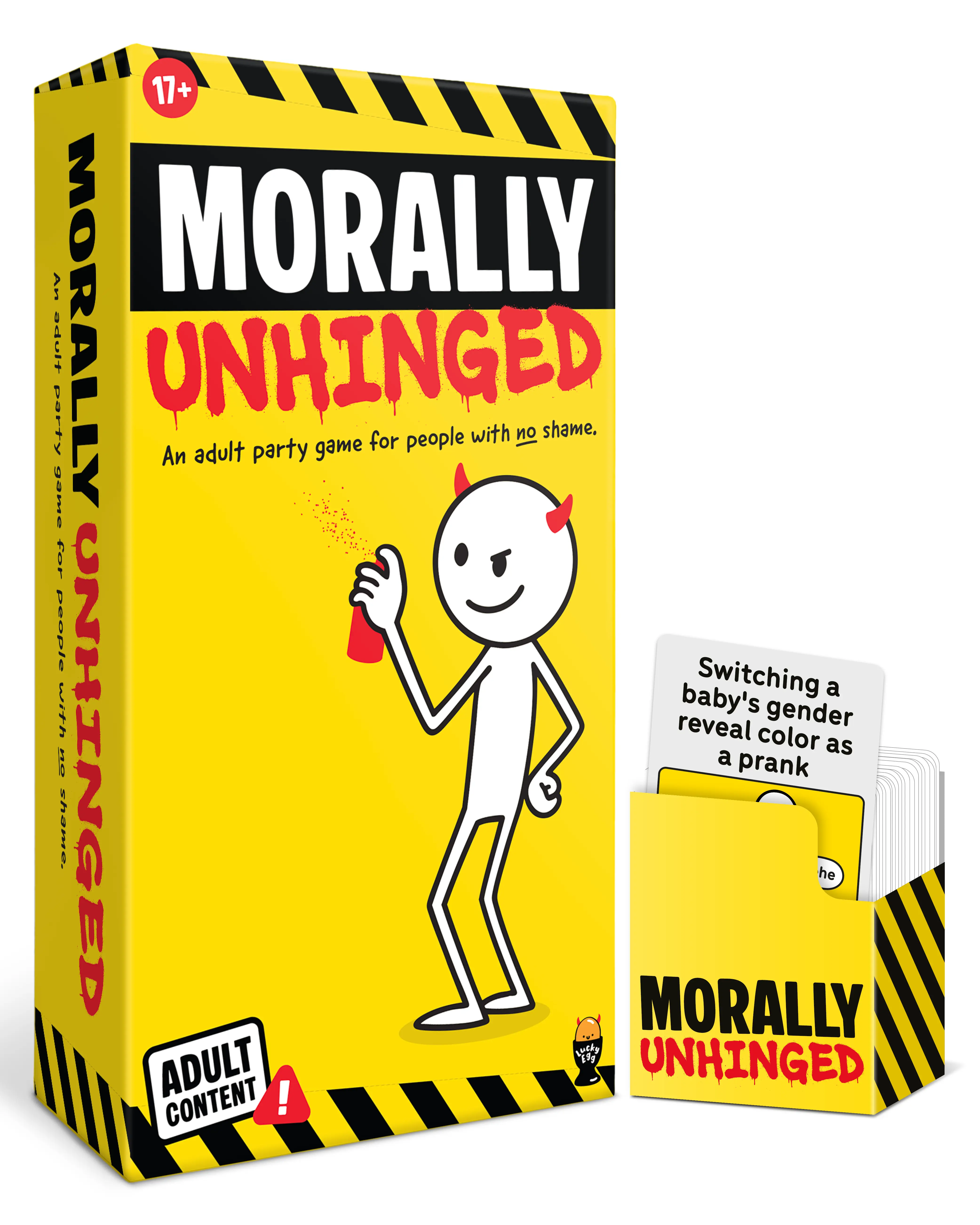Lucky Egg Morally Unhinged – The Shamefully Immoral Party Card Game – Dark & Hilarious Dilemma Game for Adults, 2–8 Players Ages 17+  Includes 150 Cards, 8 Player Tokens and 3 Moral Compasses