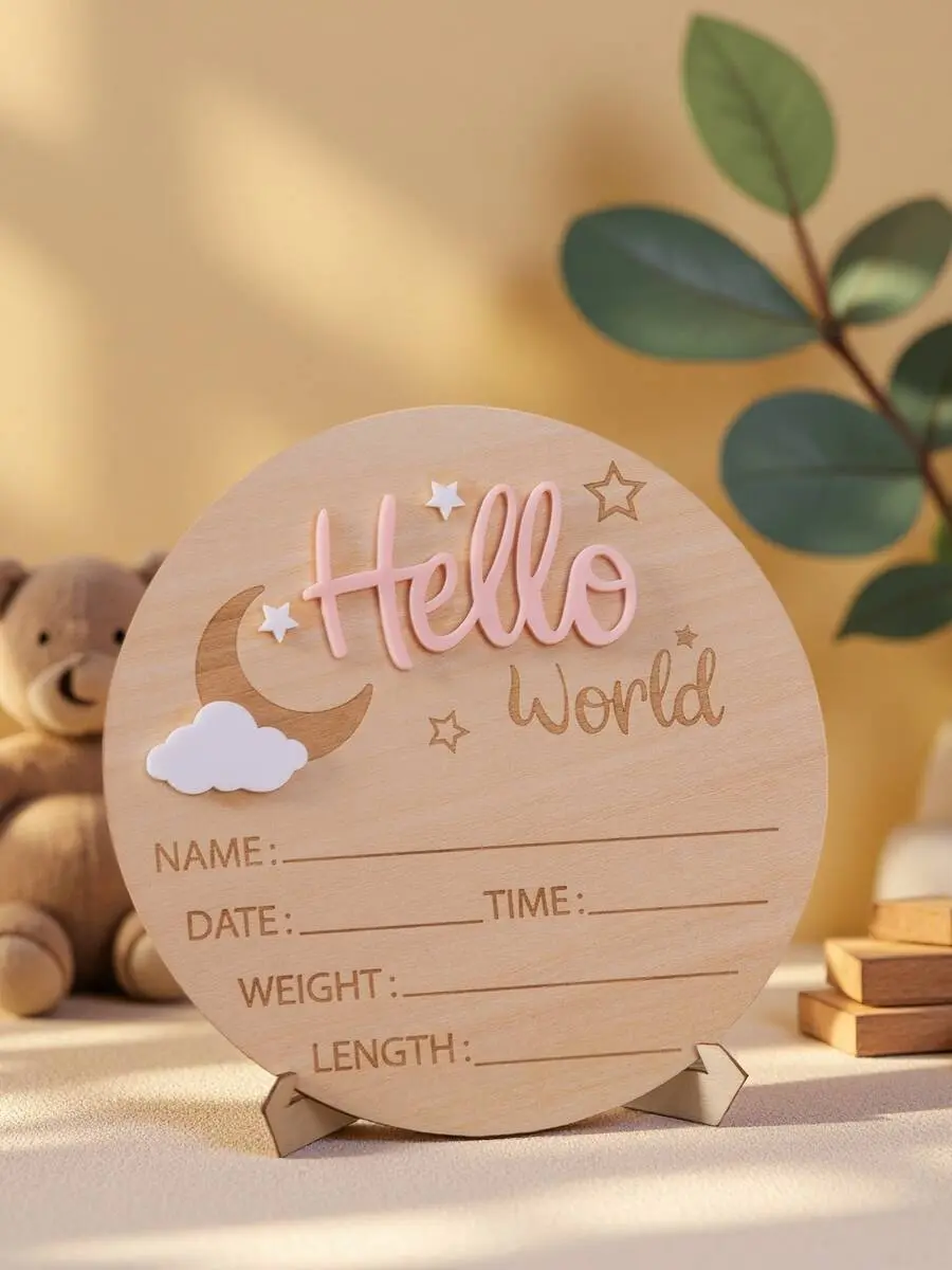 PULSE Hello World Baby Announcement Sign, Wooden Newborn Birth Board, Baby Name Plaque, Newborn Photo Prop, Nursery Gift