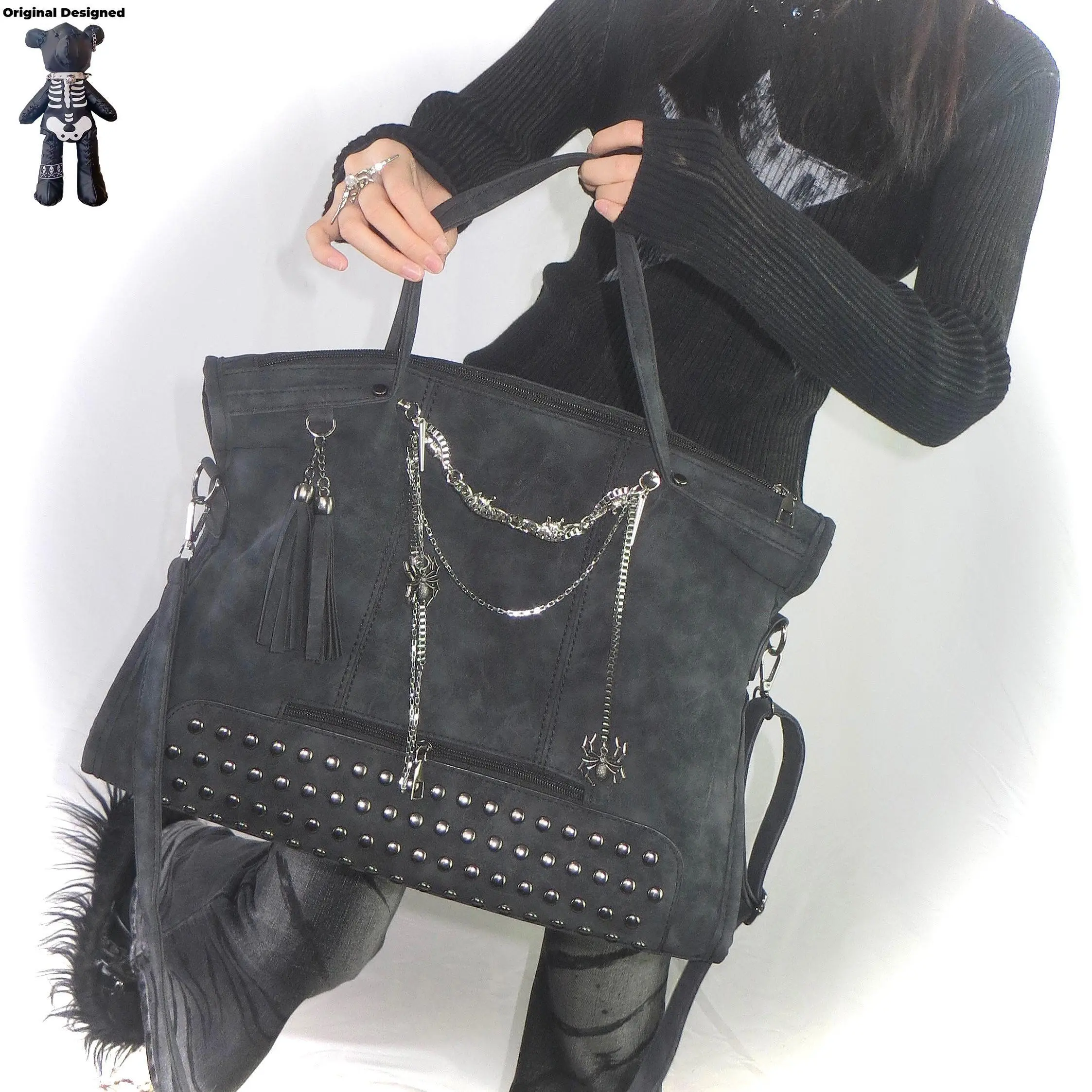 Y2K Gothic Lolita Girl Dark PU Leather Shoulder Bags Totes Harajuku Women Pin Chain Punk Cross Messenger Bag Handbags