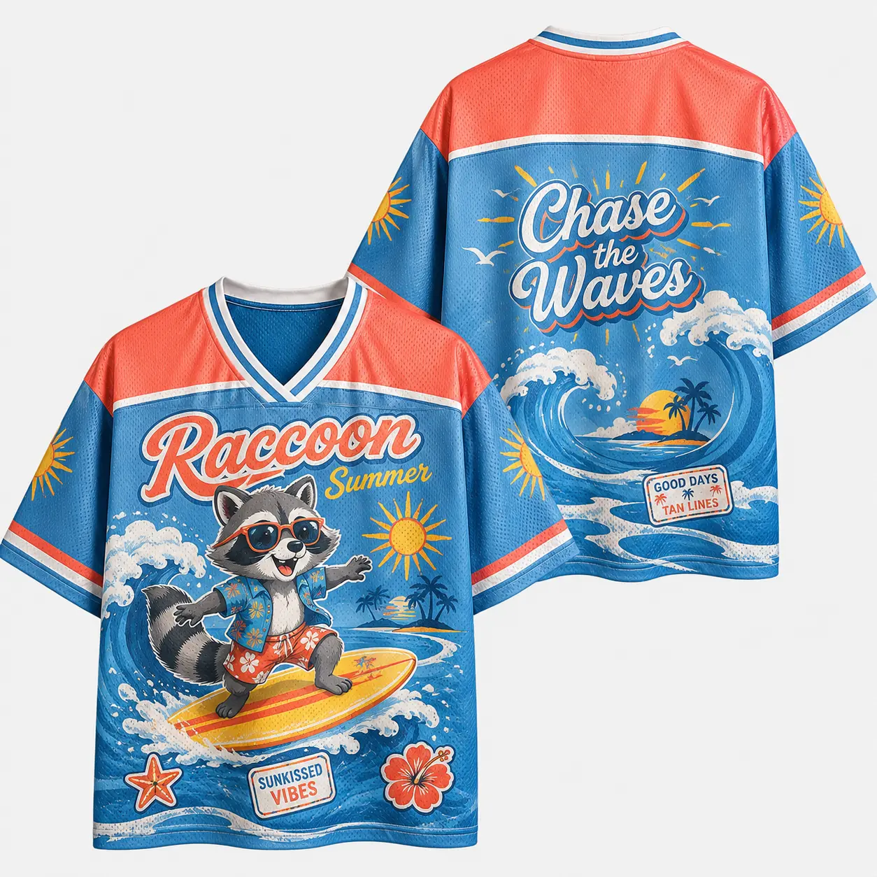 [MADE IN US] Raccoon Summer Jersey Shirt, Chase The Waves Surf Graphic, Blue Beach Vacation Sports Top
