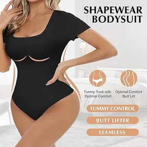 Men's Minimalist Basic Seamless Square Neck Bodysuit - Short Sleeve, Tummy Control, Body Sculpting Shapewear
