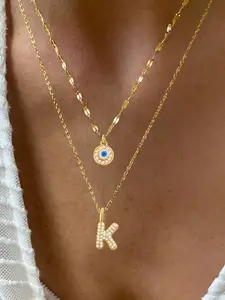 2-Piece Initial Eye Pendant Necklace Set for Women, Elegant Stainless Steel Layered Lips Chain, Classic Style for All Seasons