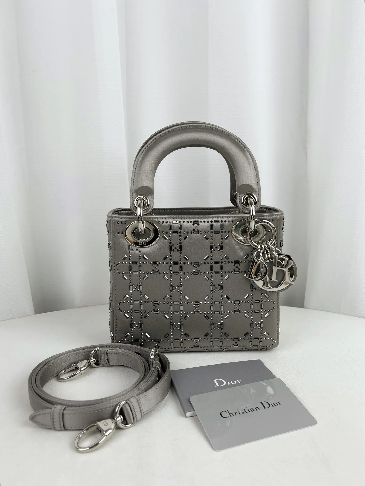 Pre-owned Dior Satin Shoulder Bags Christian Lady Bag Crystal Embellished Cannage Quilt Mini