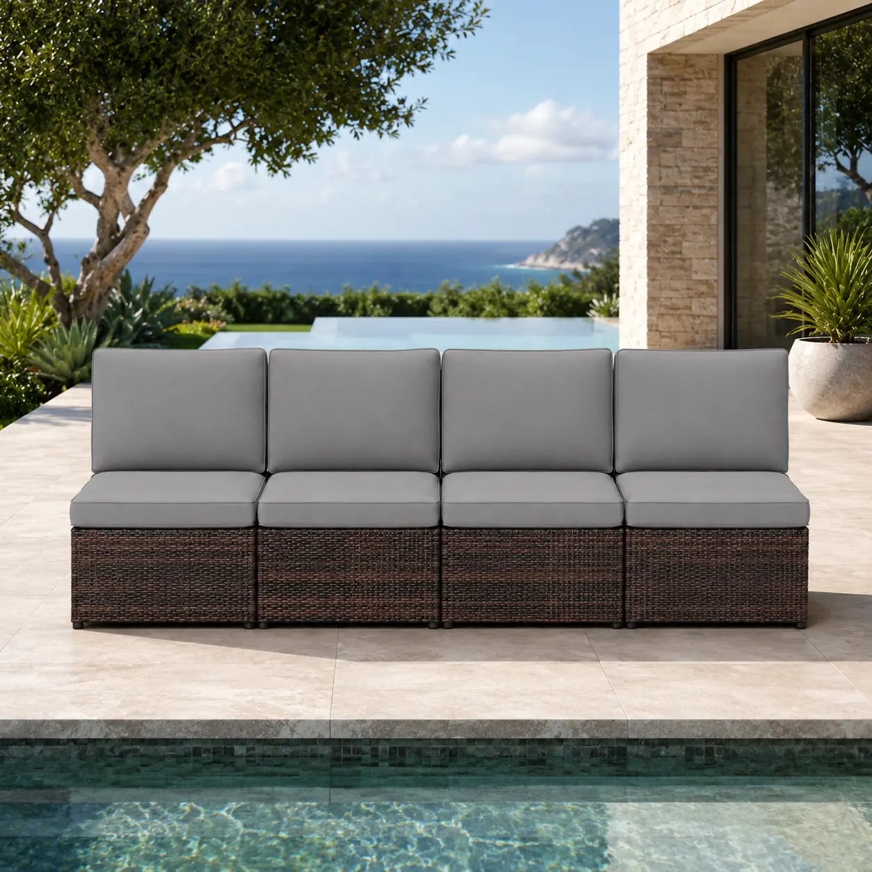 AECOJOY Weather Resistant 4-Piece Outdoor Modular Armless Rattan Sofa Set, PE Wicker Patio Sectional Conversation Couch with Soft Gray Cushions for Garden Pool Backyard Porch