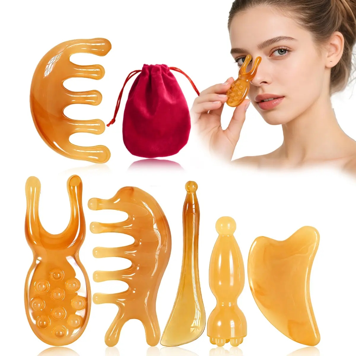 7pcs Gentle Facial Massage Tool Set, Facial Beauty Massagers, Face Massager, Gua Sha Board, Head Massage Comb, Nose Eye Massager, Body Back Scraper, Ideal Gift for Women, Spa Gift Set