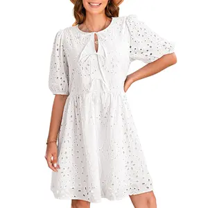 Dokotoo Summer Dresses for Women 2026 Tie Front V Neck Short Puff Sleeve Hollow Out Lace Wedding Guest Dress