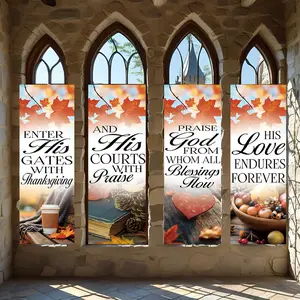 4 Pcs Religious Banners, Polyester Material Thanksgiving church hanging banners with autumn maple leaf pattern religious praise quotes soft fabric wall decorations for home worship space holiday decoration