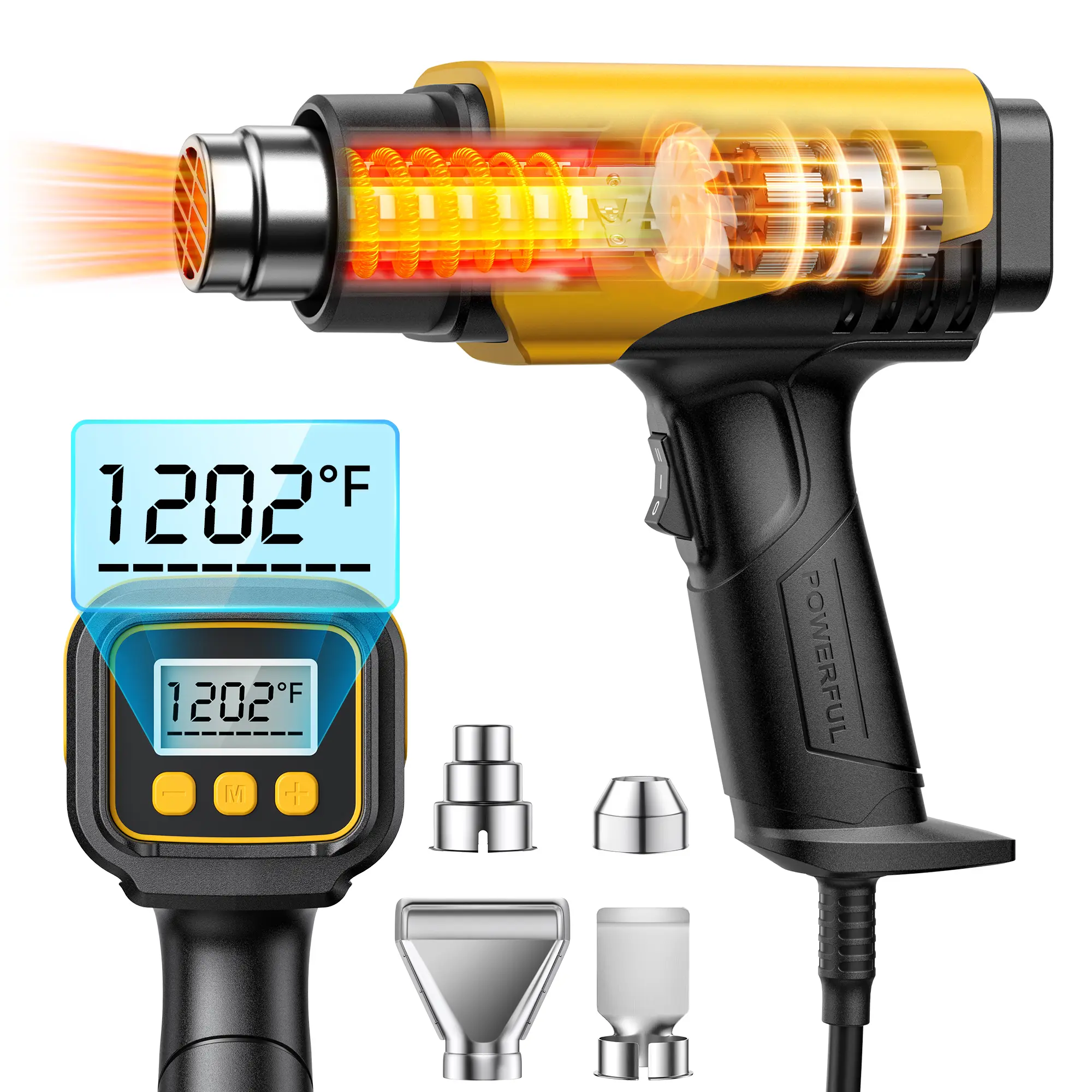 SEEKONE 1800W High Power Heat Gun - Compact Heavy Duty Hot Air Tool with Variable 2-Temp Control (50℃-650℃/122℉-1202℉), Handle, Ceramic Core, Portable with 4 Nozzles for 3D Printing, Crafts, Work, Tool Box Yellow, High Power Tool, Corded
