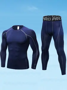 Men's Compression Tracksuit Set, Top Stitching Top & Letter Tape Leggings, Sportswear Set for Indoor Outdoor Wear, Workout Set, Men's Sport & Outdoor Clothing, Tracksuit Outfit