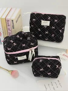 Bow Pattern Makeup Bag Set, /set Cute Quilted Makeup Bag, Travel Essential Makeup Bag, Toiletries Storage Makeup Bag, Fashionable Multifunctional Portable Makeup Bag, Travel Cosmetic Bags