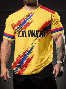 Colombia National Team Style Short Sleeve T-Shirt, Men's Casual Sporty Top, Blue Stripes, Graphic Round Neck Tee