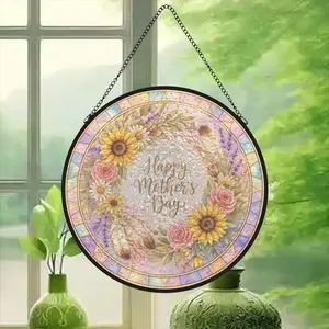 Boho Stained Glass Suncatcher Mother’s Day Wreath | Sunflowers & Roses | Elegant Floral Glass Art Gift | Unique Bohemian Home Decor for Mom