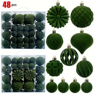 48-piece high-grade wine red and green velvet Christmas decorative ball set plastic ball with gold hat, suitable for Christmas tree, wall and Christmas tree decoration.
