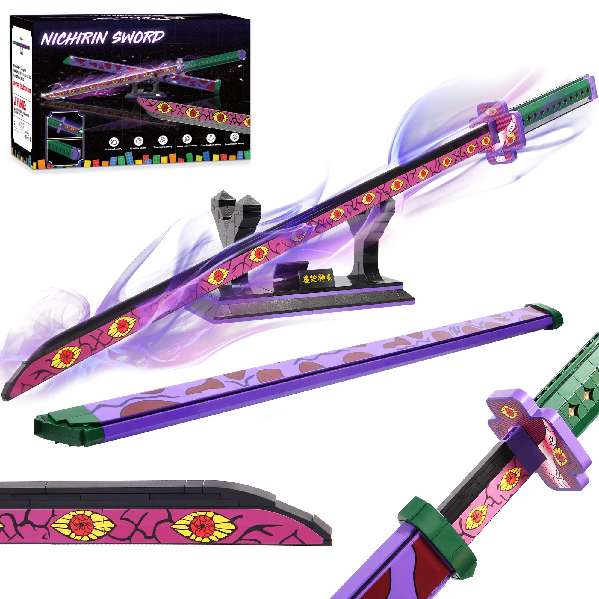 TOKMOC 798 Pieces,DemonSlaye Building Block Set,39in Kokushibo Building Block with Stand,Handmade Cosplay Anime Toy Building Set for Collecting and Gi