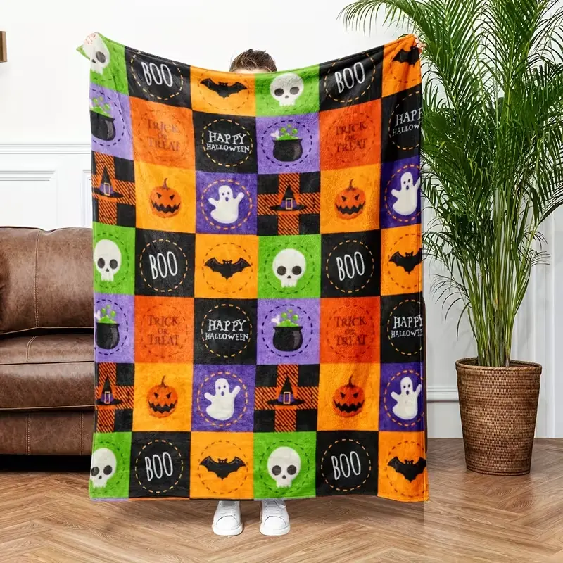 Soft Funny Throw Blanket Halloween Throw Blanket - Contemporary Style, 100% Polyester, Machine Washable, All-Season Knitted Flannel, Multipurpose, Ghost & Skeleton Pumpkin Pattern, Cozy Sofa & Throwing Blanket