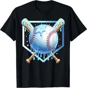 Baseball Drip For Man Home Plate Ice Cream Drip Youth Sport Casual Short Sleeve Cotton T-Shirt