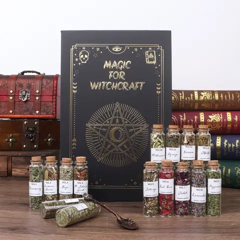 Handcrafted Potion & Herb Chest Set (30-45 Pcs) - Home Fragrance Dried Herb Box with Numbered Labeled Glass Bottles, Natural Wiccan Botanicals Lavender Peppermint, Altar Crafting Supplies for Magic Rituals, Gift for Witchcraft Practitioners
