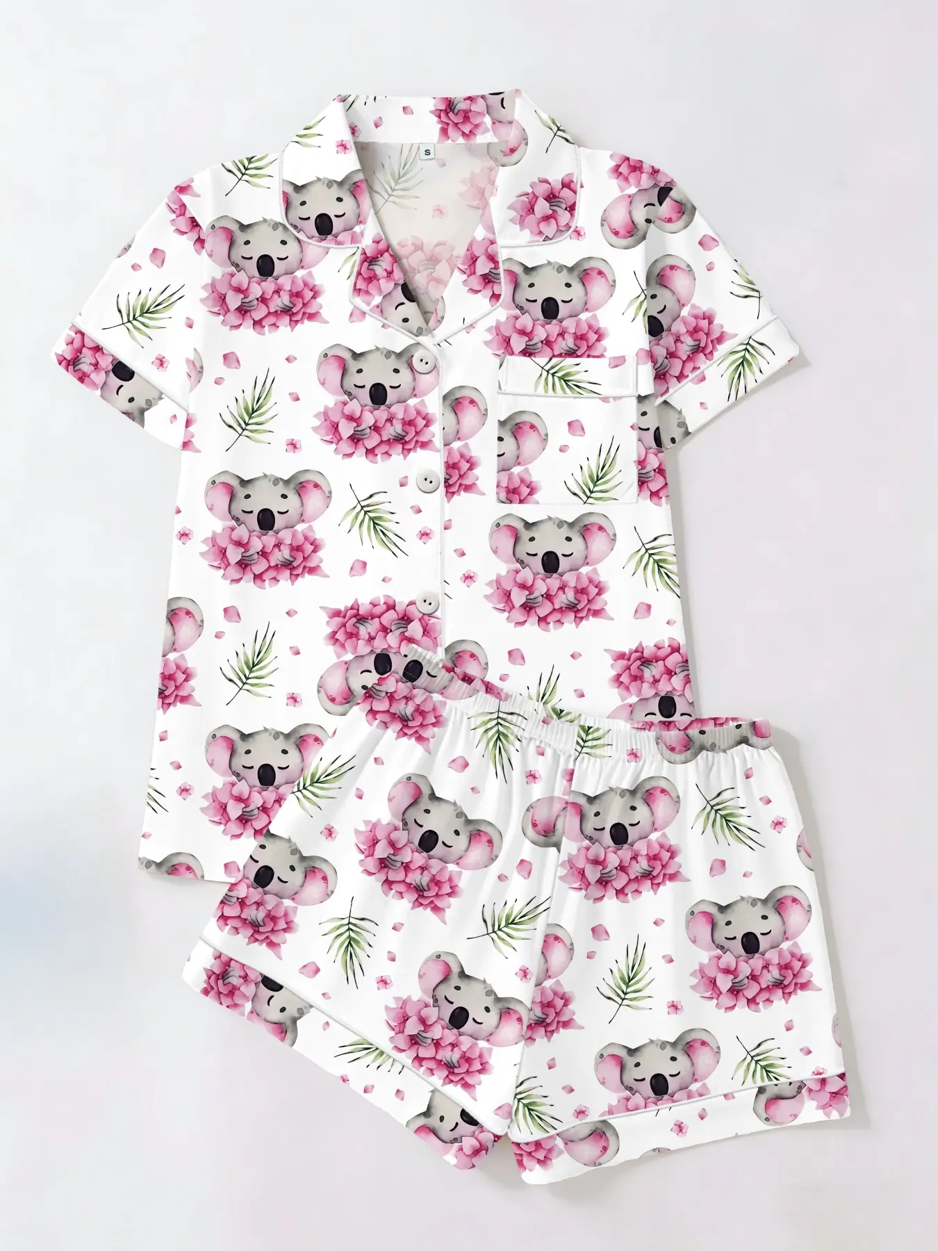 Women's Short Sleeve Shorts Cardigan Top Casual Pajamas Set Pjs, Background Flower Koala Full Print, Casual Style Home Wear Loungewear Nightwear All Seasons Pyjamas Homewear