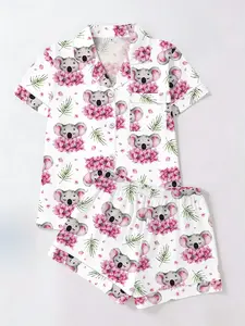 Women's Short Sleeve Shorts Cardigan Pajama Set, Background Flower Koala Full Print, Casual Home Wear All Seasons
