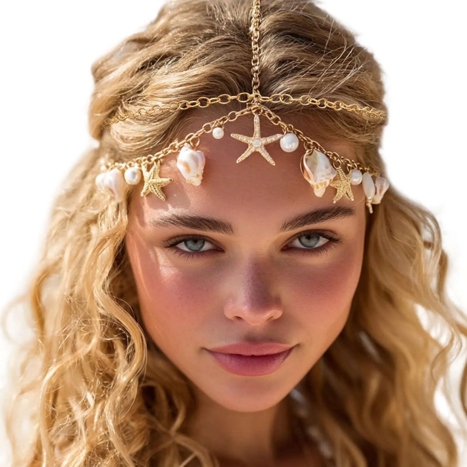 ELABEST Mermaid Pearl Head Chain for Women, Gold Boho Hair Jewelry with Shell & Starfish Details, Adjustable Festival Headpiece for Beach Wedding, Female, Lightweight, Boho-Chic Look, Fashion, Fits Most Head Sizes