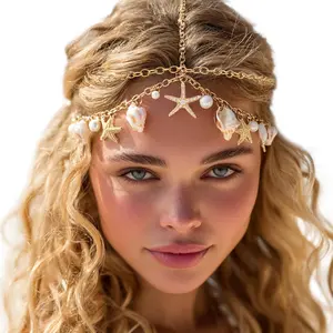 ELABEST Mermaid Pearl Head Chain for Women, Gold Shell Starfish Forehead Jewelry, Boho Beach Hair Accessories, Festival Headpiece for Vacation, Summer Party & Wedding Outfit