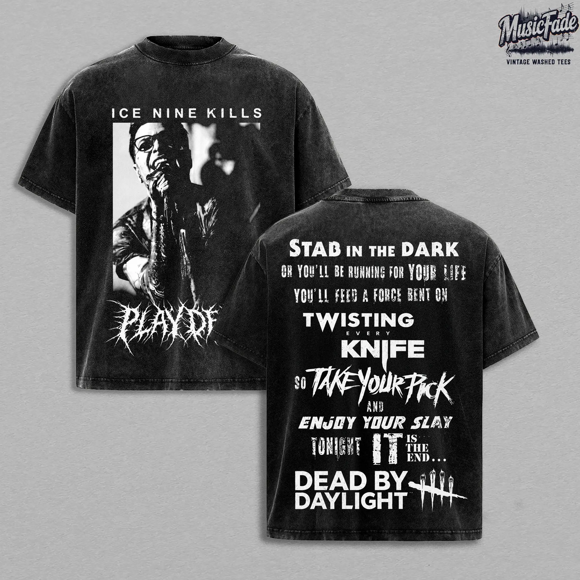 Ice Nine Kills x Dead by Daylight Vintage Washed Oversized T-Shirt, Stab In The Dark Heavyweight Cotton Acid Wash Graphic Tee, Horror Metalcore Band Double Sided Shirt, Retro Slasher Gaming Crossover Streetwear, Unisex Concert Fan Merch Gift Tee