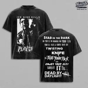 Ice Nine Kills x Dead by Daylight Vintage Washed Oversized T-Shirt, Stab In The Dark Heavyweight Cotton Acid Wash Graphic Tee, Horror Metalcore Band Double Sided Shirt, Retro Slasher Gaming Crossover Streetwear, Unisex Concert Fan Merch Gift Tee