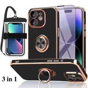 iPhone 12 Case Black 3 in 1 Bundle With Screen Protector Anti-Blue Light And Waterproof Touchscreen Luminous Phone Pouch With Strap & Lanyard Built-in Car Mount Magnet Foldable Kickstand Ring Stand Shockproof Cute Luxury Design