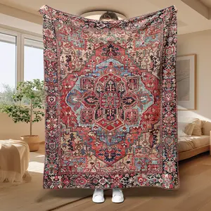 Vintage Persian Carpet Pattern Flannel Throw Blanket, Soft Skin-Friendly Home Bed Sofa Office Nap Blanket, Multi-Scene Use