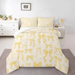 Watercolor Bow Bedding Set for Kids Boys Girls Cute Yellow Bowknot Comforter Set Coquette Bows Duvet Quilt Bedroom Decor Breathable Soft Microfiber Dreamy Princess Style