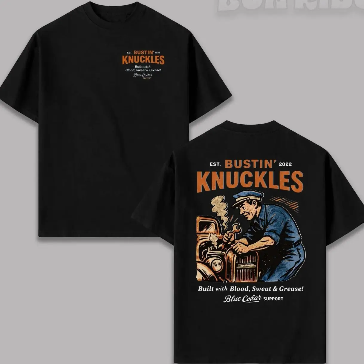 Bustin' Knuckles 2.0 Cotton Breathable Short-Sleeve T-Shirt, Vintage Mechanic Prints Graphic Top, Menswear Gift for Men ZY3