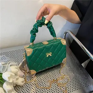 Elegant Quilted Diamond Pattern Mini Box Bag with Bow Accent - Women's Ruched Handle & Chain Strap Crossbody in Orange, Pink, White, Green, Black