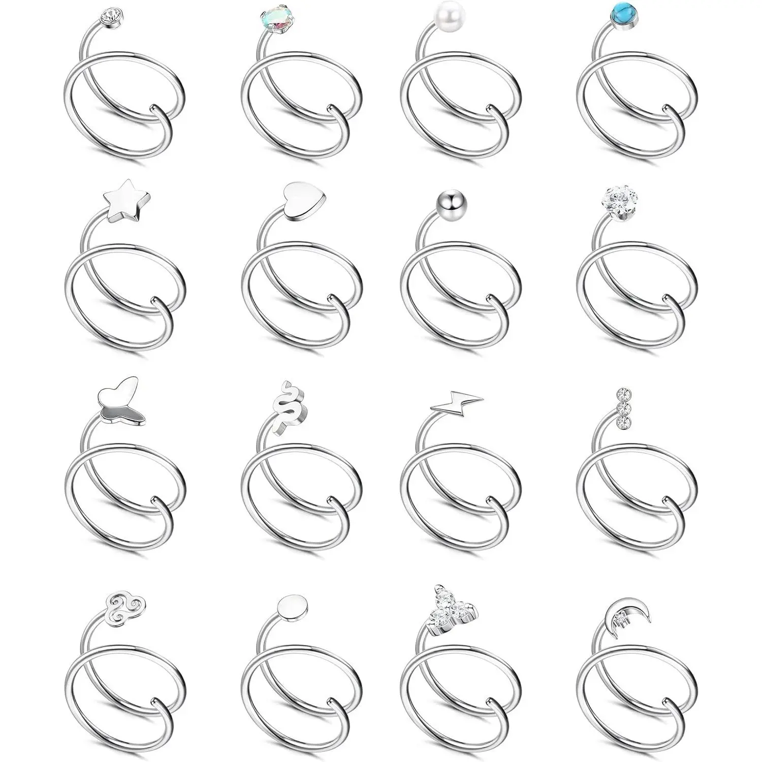 Sanfenly 16Pcs 20G Women's Nose Ring Hoop Set - Stainless Steel Single Piercing Twisted Spiral Nose Rings with Moon, Star, Pearl, Butterfly, Snake, CZ Zircon, Bow Fashion Body Jewelry for Casual, Daily Wear, Spiral Nose Ring, Nose Rings For Women