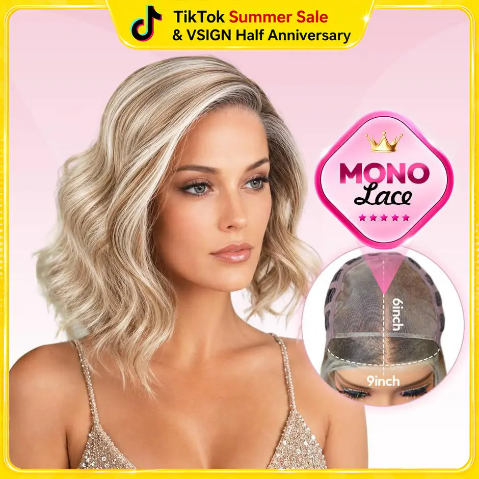 [Sherry] VSIGN Mono Top Short Wave Ash Honey Blonde Highlight Scandinavian Hairline 9×6 Full Monofilament Lace Hand Tied Top Wig Bendy Ear Tabs Velcro Adjustment Air Cap Glueless Lace Front Wig Synthetic Heat Resistant Fiber Summer Vibes