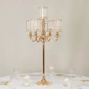 5-Arm Gold Metal Candelabra with Crystal Pendant Glass Shades – 40" Tall Candle Holder for Pillar, LED, and Flameless Candles