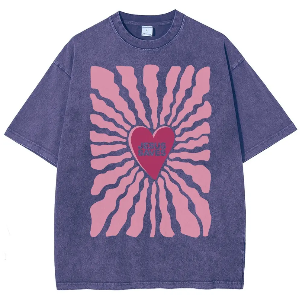 Men's Cotton Short-Sleeve Casual T-Shirt - Pink Sunburst Heart Jesus Saves Graphic, Vintage Washed Retro Christian Quote Print Top, Gift For Faith-Inspired People, Tshirt, Shortsleeve, Fabric, Fit, Unisex, Oversize