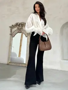 New Women's Elegant Satin Shirt, French Style Button Front Open Cardigan, Loose-Fitting Long Sleeve Pure Color Blouse, Fashionable and Chic Lady's Top