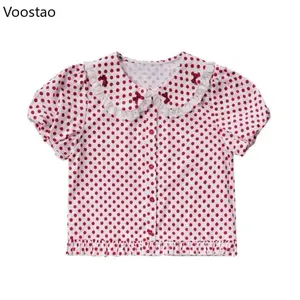 Japanese Kawaii Lolita Style Shirts Women Sweet Ruffles Peter Pan Collar Puff Sleeve Blouses Vintage Cute Polka Dot Print Tops