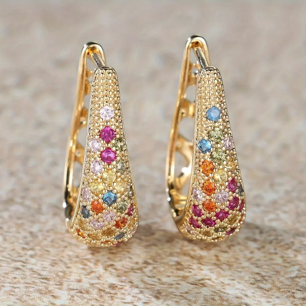 Multicolor Shiny Cubic Zirconia Golden Earrings for Women - Statement Ear Hook & Clip-On Hoop Styles - Perfect for Parties & Banquets - High-Quality Fine Gift for Festivals & Anniversaries