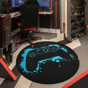 Esports game controller round carpet,Cool ink splatter blue and black game controller pattern floor mat,Gaming room swivel chair cushion,Stain-resistant, comfortable, and washable,Suitable for study, living room, bedroom, e-sports room, gaming room