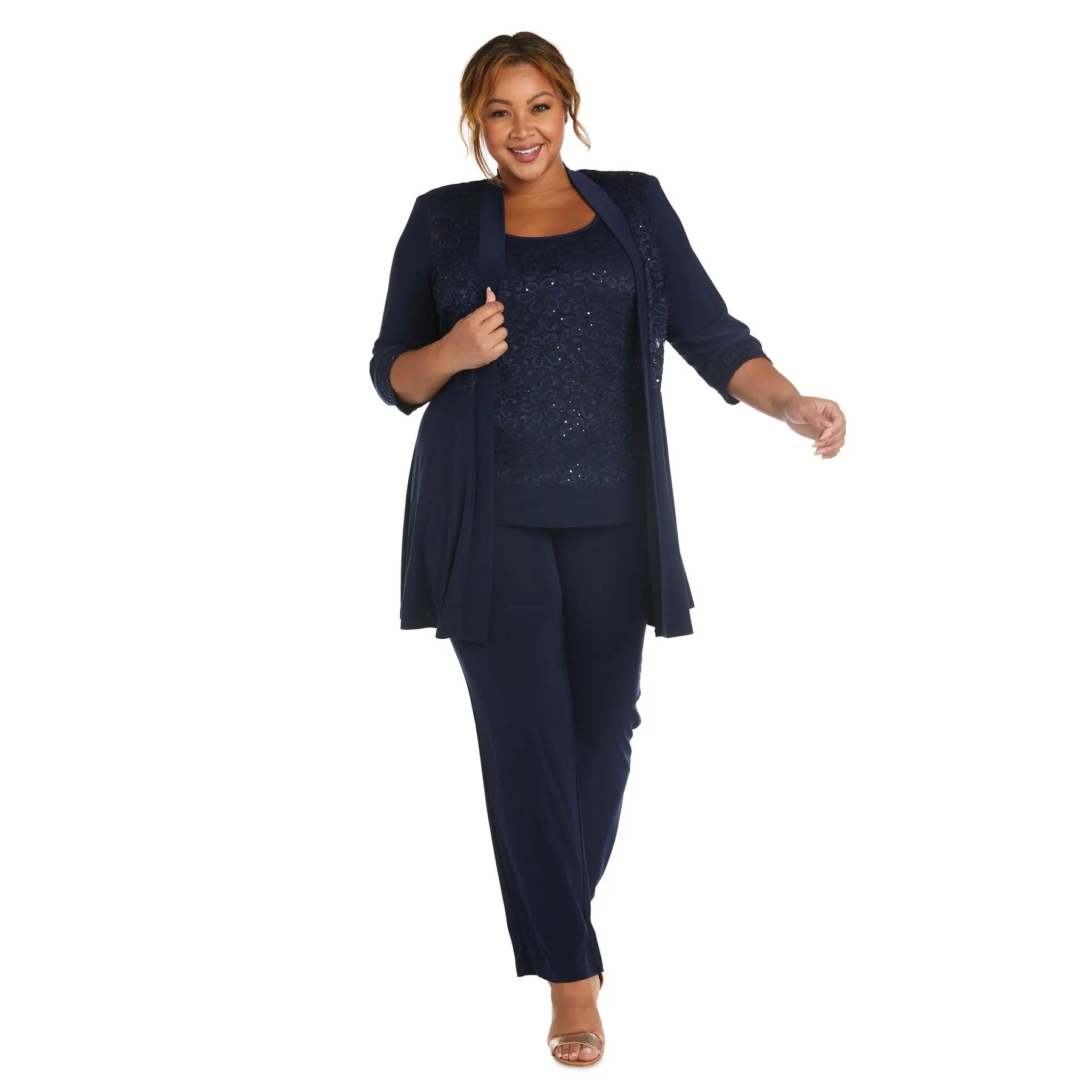 Lace and Sequin Pant Set with Matching Jacket - Plus