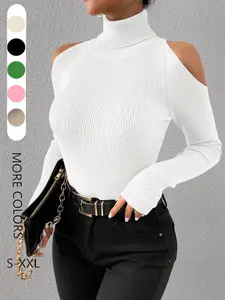Women's Off-Shoulder Sweater Knitwear, Pure Color Long Sleeve Slim Fit Half High Neck High Waist Top, Fall Winter New Arrival, Womenswear